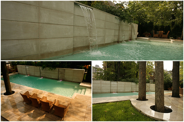 Collage of a few pictures of Piscines Paramount's and Groupe Paramount's work on a Nun's Island home's backyard