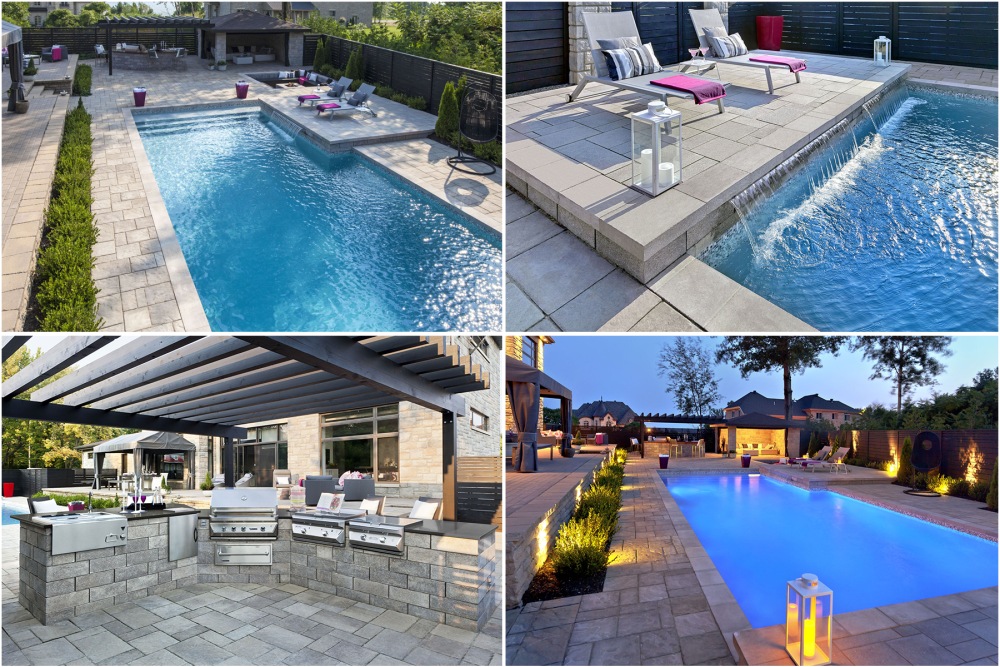 A collage of pictures showcasing a île-Perrot's backyard that Piscines Paramount and Groupe Paramount created.